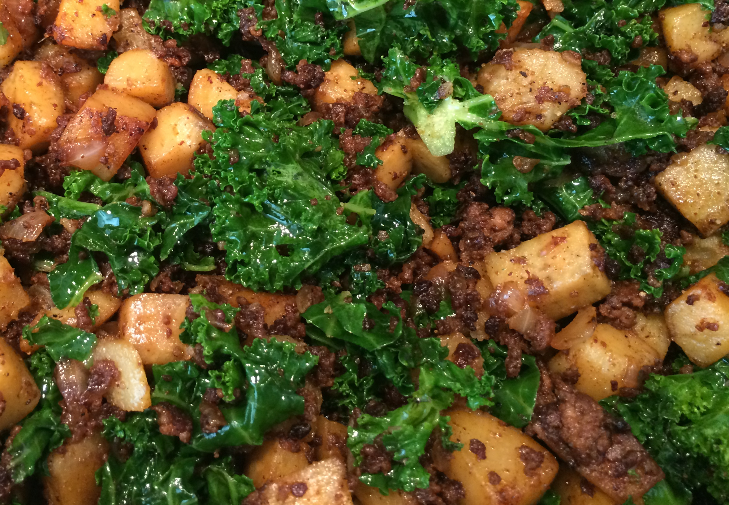 Chorizo, Japanese sweet potato and kale hash